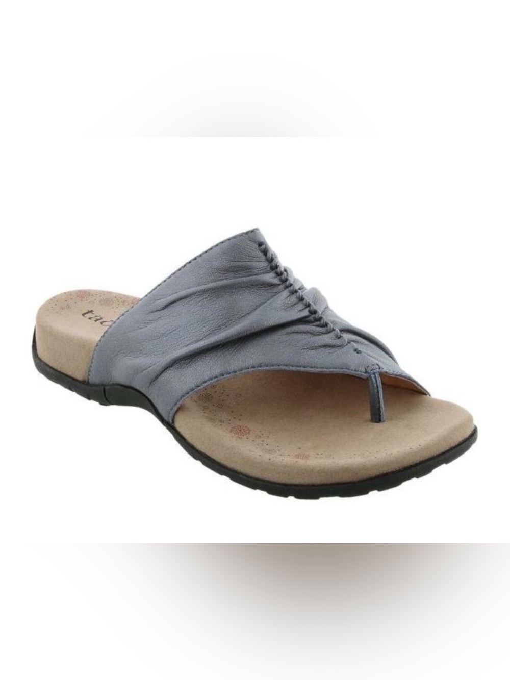 Taos Footwear Gift 2 Metallic Pewter Grey Blue Ruched Toe-Post Sandal size 8 EUC